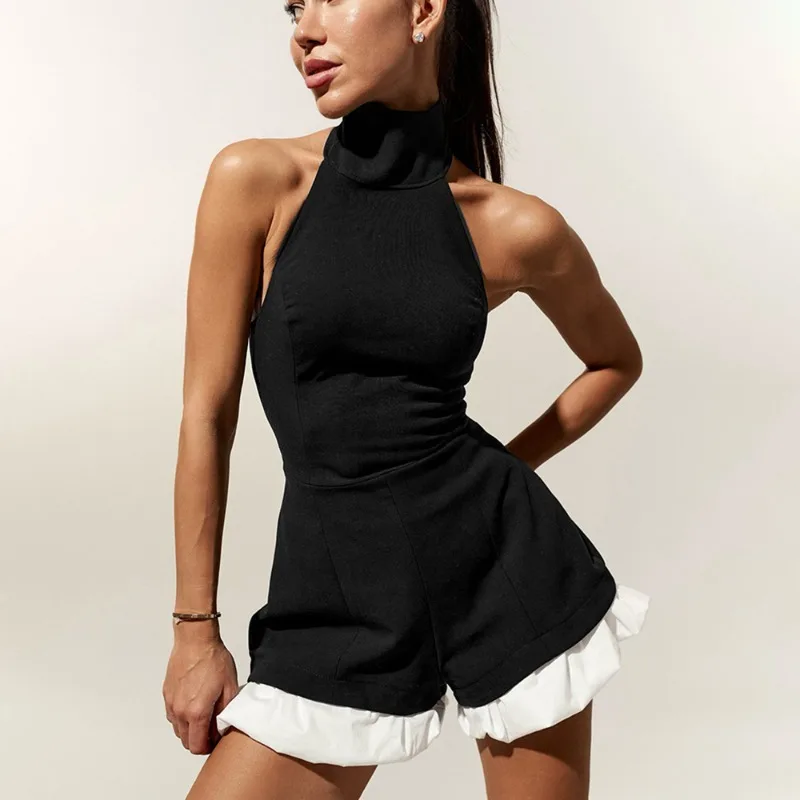 

Talenza Women's Hanging Neck Bodysuit Fashion Clashing Ruffle Sleeveless Patchwork Slim Jumpsuits Summer Female Short Playsuits