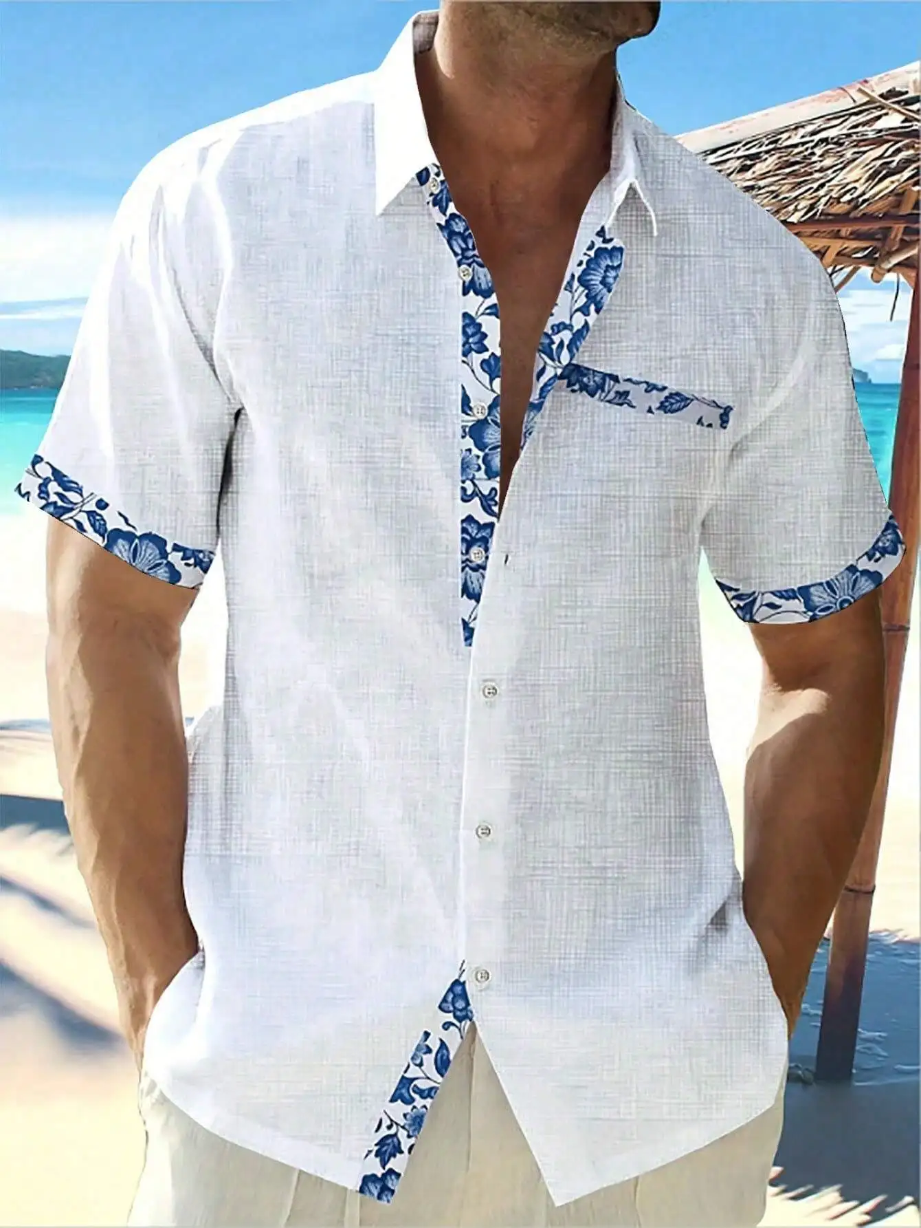 

Men's White Linen Short Sleeve Shirt with Blue Floral Trim, Beach Casual Button-Up
