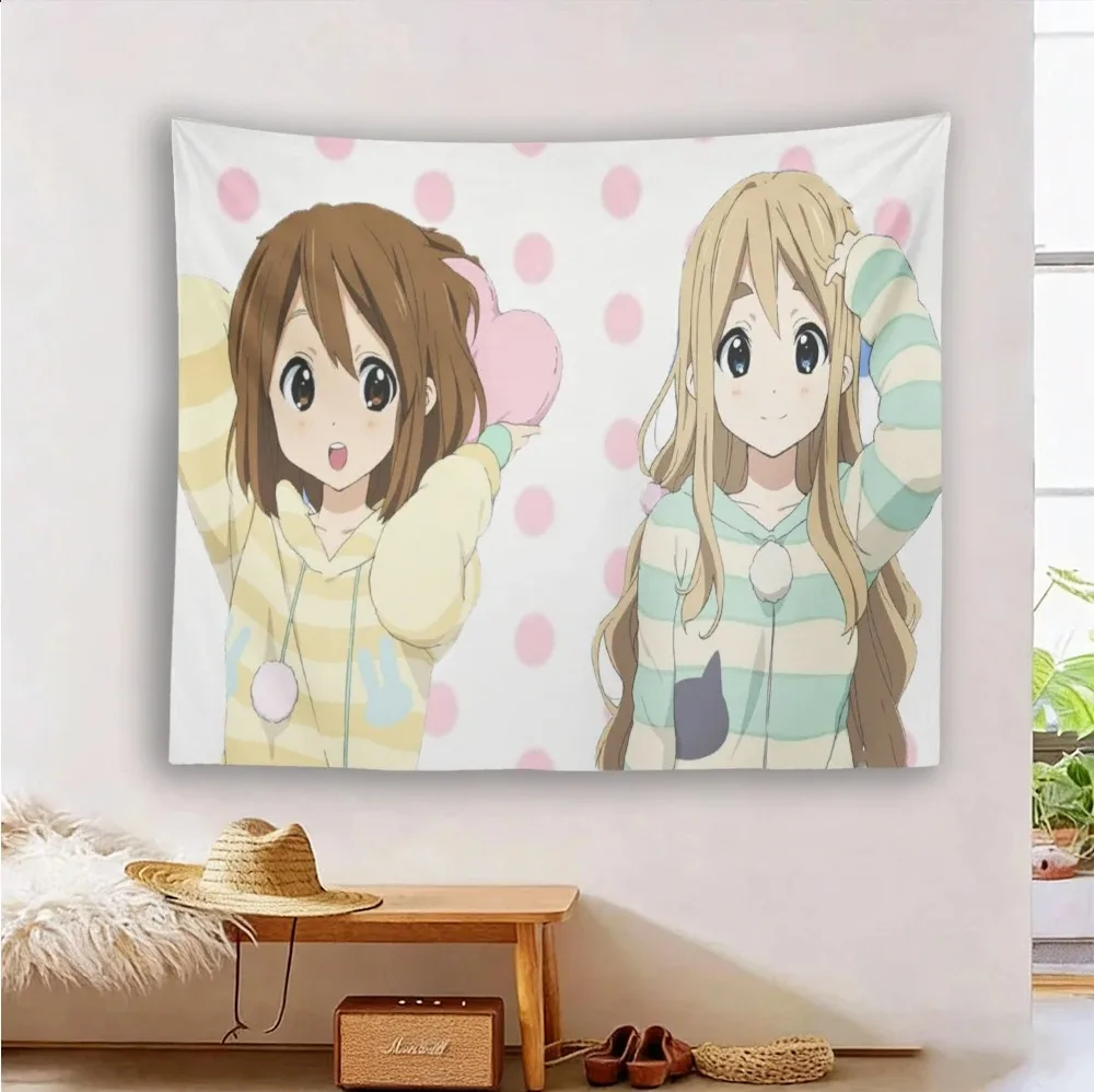 K-On!  Wall Tapestry, Pink Polka Dot Background Striped Loungewear Anime Print Wall Hanging, Soft Moe Manga Wall Cloth for Teen