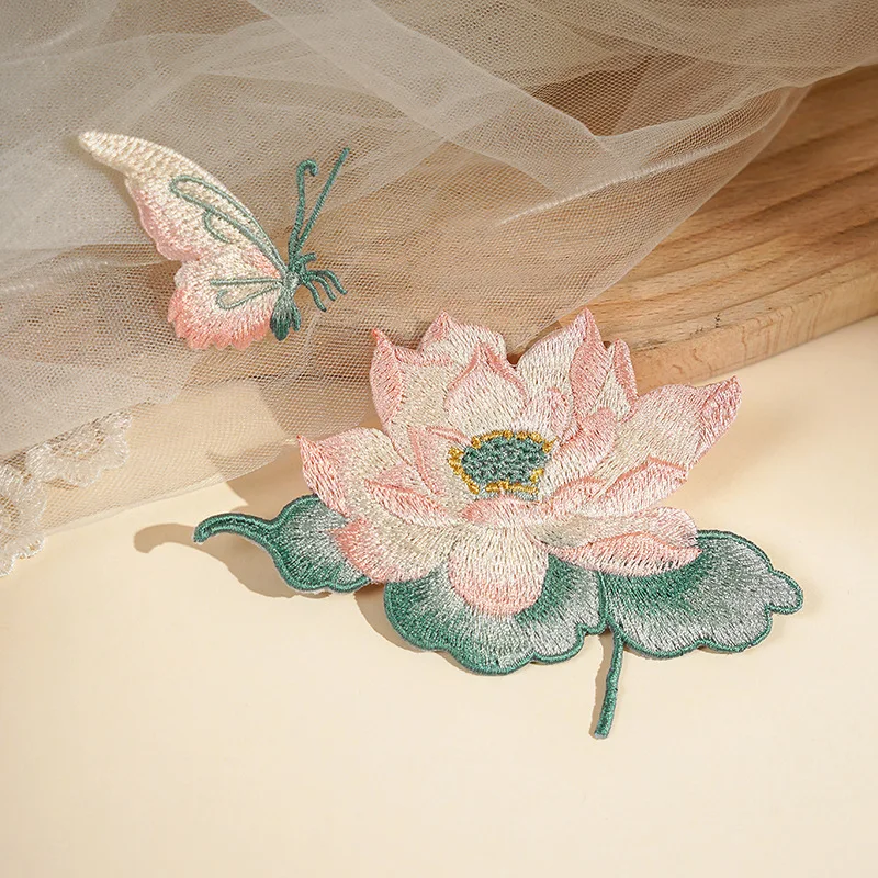 2PCS  Lotus and butterfly embroidery, embroidered clothing fabric, accessories, and patches