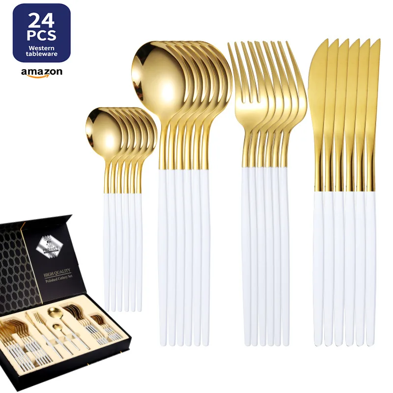 Steak Knife, Fork and Spoon24Suit Titanium Plated Bright Gold Knives, Spoons, and Forks Three Teeth Fruit Fork