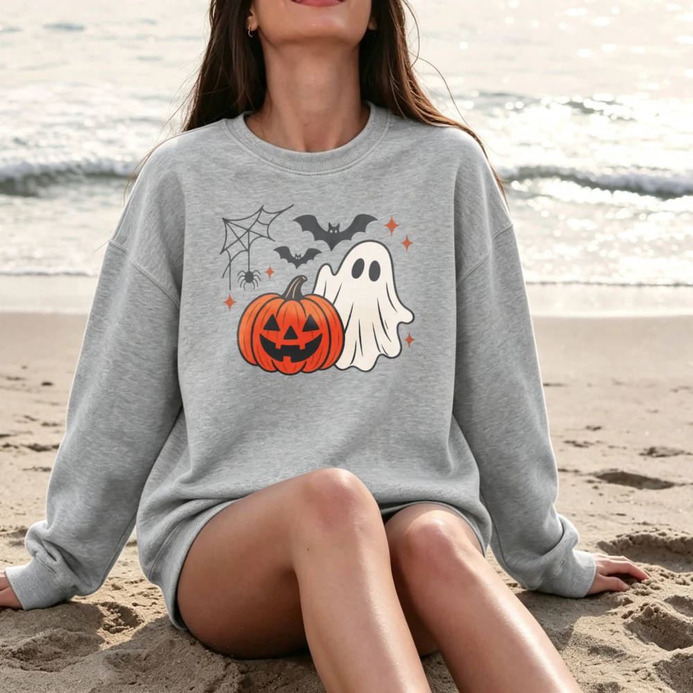 Cute Ghost Pumpkin Bat Spiderweb Halloween T Shirt Women Spooky Graphic Print Short Sleeve Casual Autumn Beach Girlfriend Gift