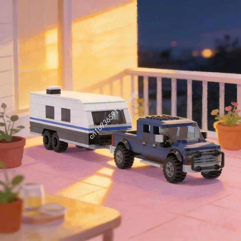

564 детали MOC: Модель грузовика-фургона с прицепом для кемпинга, конструктор, развивающая игрушка, креативный подарок на Рождество