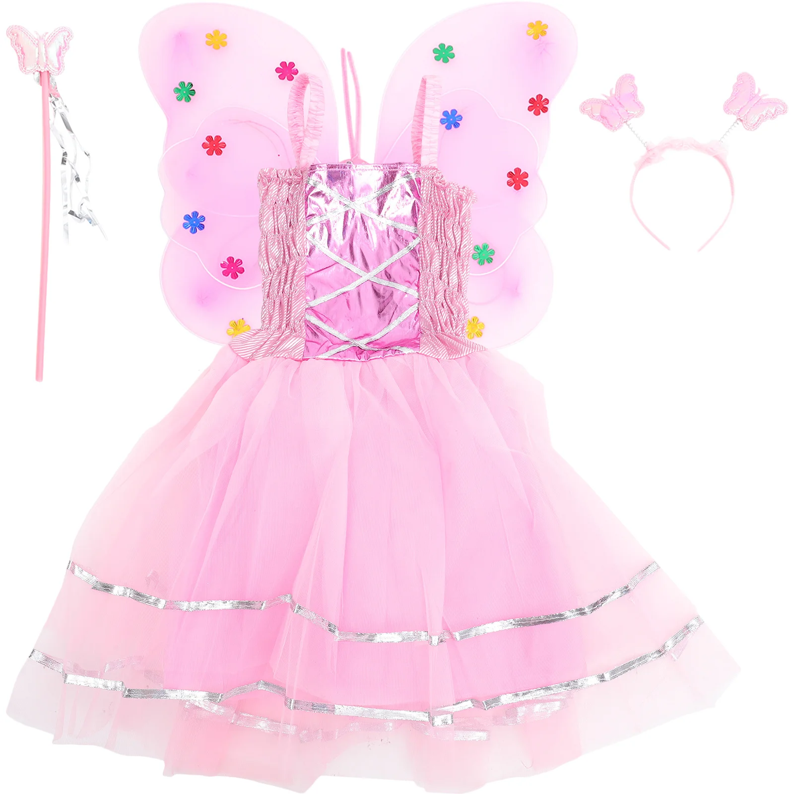 

4Pcs Kids Butterfly Wings Dress Set Pink Stylish Flower Fairy Skirt Performance Costume Toddler Kids Sling Dress