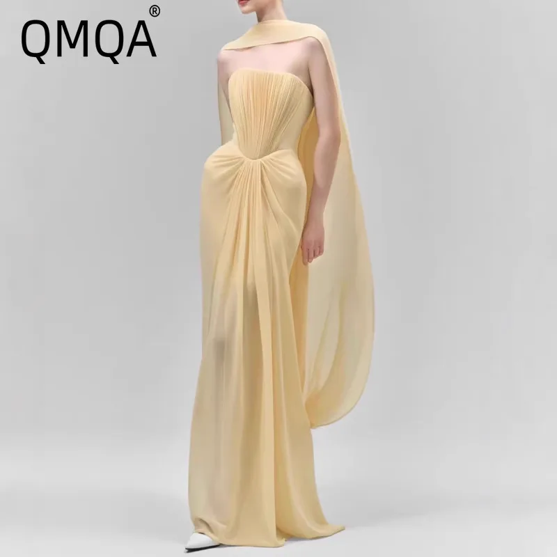 QMQA Fashion Women's Elegant Sleeveless Chiffon Dress With Shawl Strapless Ruched Slim-fit Dresses 2026 Female New QM1194