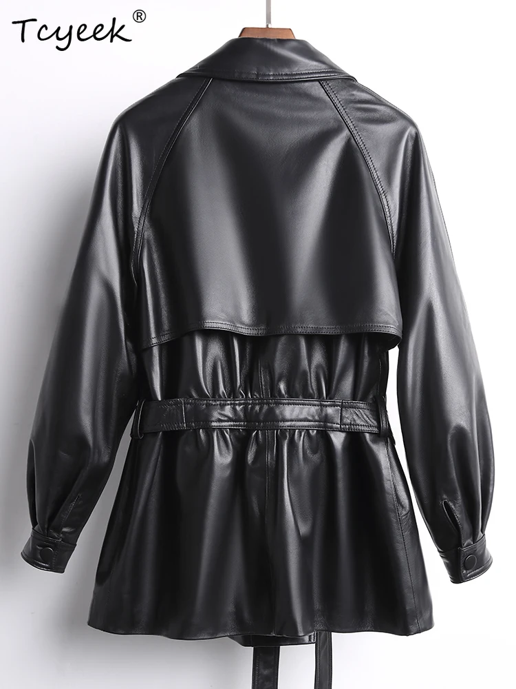 Tcyeek Schaffell Damen Lederjacke Frühling Herbst Anzugkragen mit Raglanärmeln Schwarz Mittellange Jacken Chaqueta Cuero