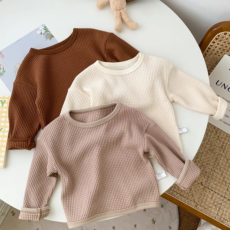 Korean Style Spring Autumn Toddler Baby Boys Girl T-shirt Waffle Cotton Solid Color Long Sleeve T-shirt Infant Baby Pullover Top