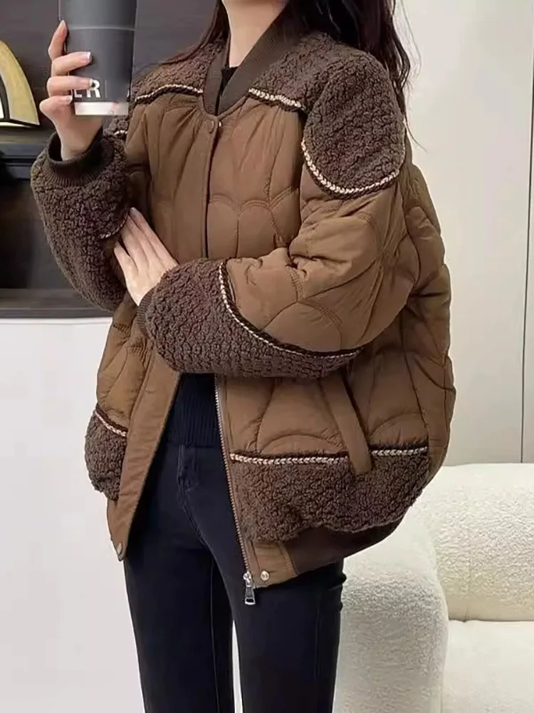 패션 스플라이싱 두꺼운 코트 재킷 스탠드 칼라 배기핏 지퍼 따뜻한 패치워크 여성 캐주얼 루즈 탑스 자켓