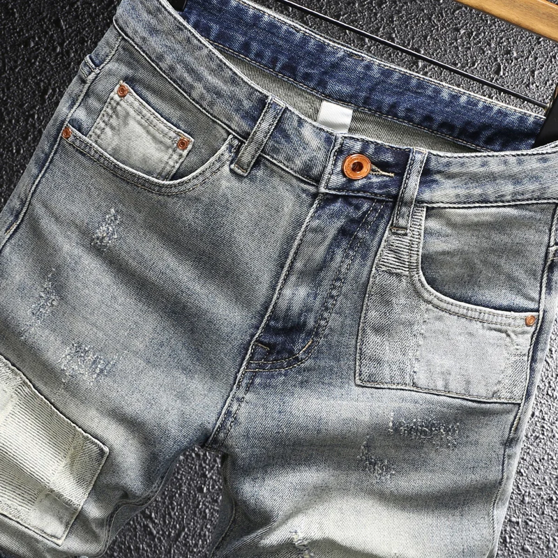 Fashion Designer Men Jeans Retro Washed Blue Stretch Slim Fit Patched Ripped Denim Shorts Men Y2K Summer Vintage Casual Shorts