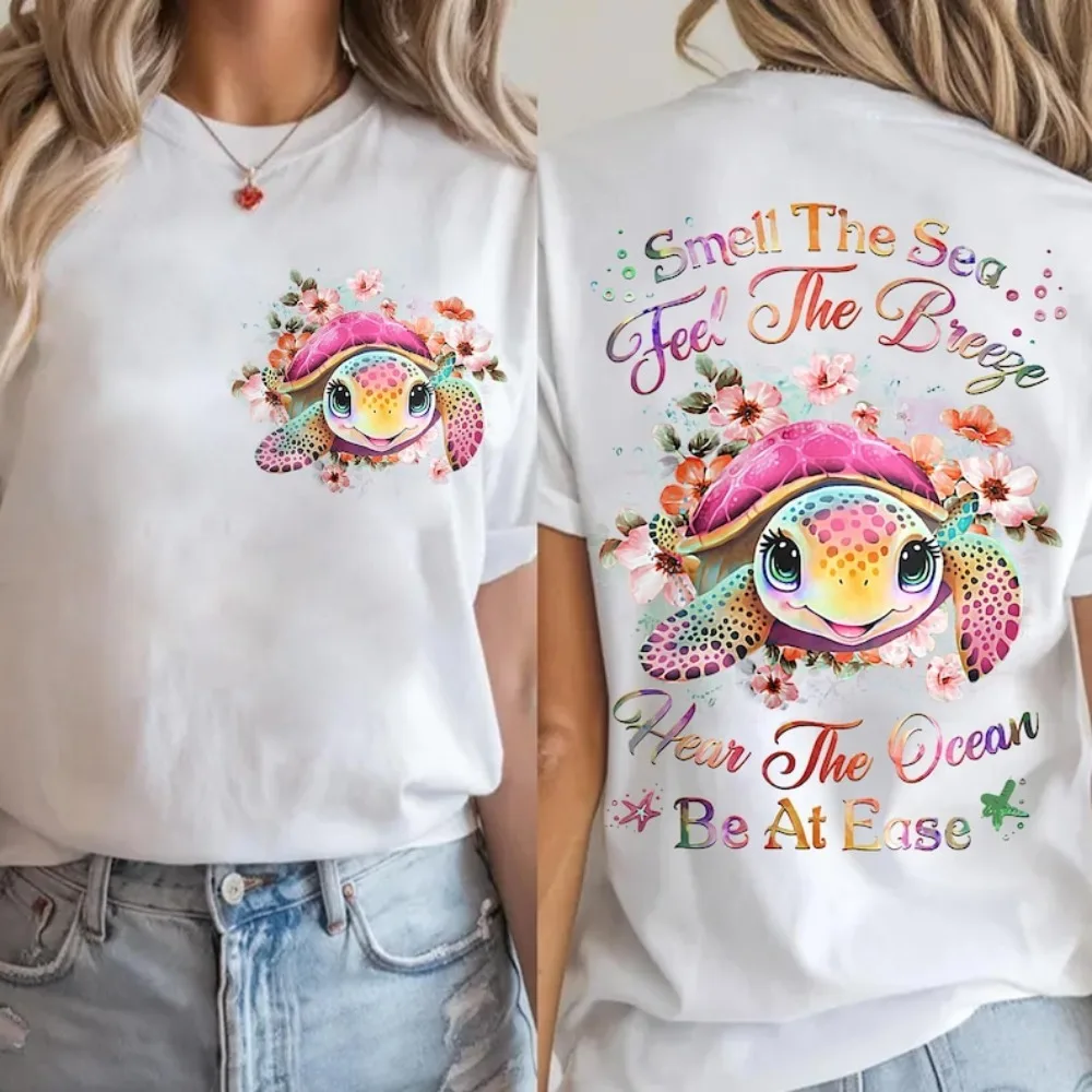 Tranquil Sea Turtle T-Shirt Smell The Sea Feel The Breeze Ocean Tops Fashion Harajuku Vintage Clothes Women O-neck Clothes