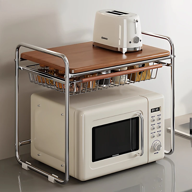 Medieval-Style Microwave Oven Storage Racks with Drawers Wooden Metal Storage Organizers Shelf Kitchen Seasoning Cooker Holder