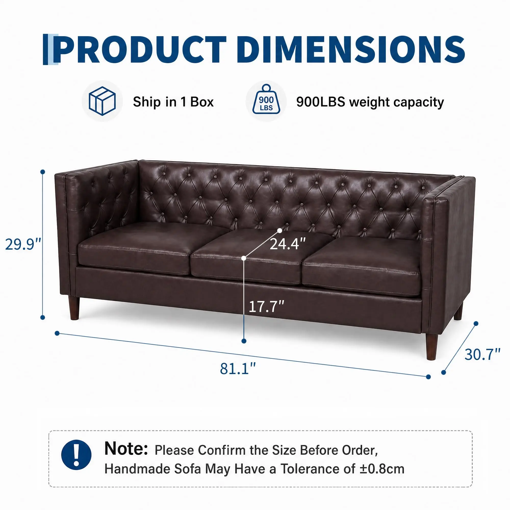 81'' ern Leather Couch for Living Room, Century Leather a with Deep Seat, Handmade Button Tufted a, Chesterfield 3 Seat