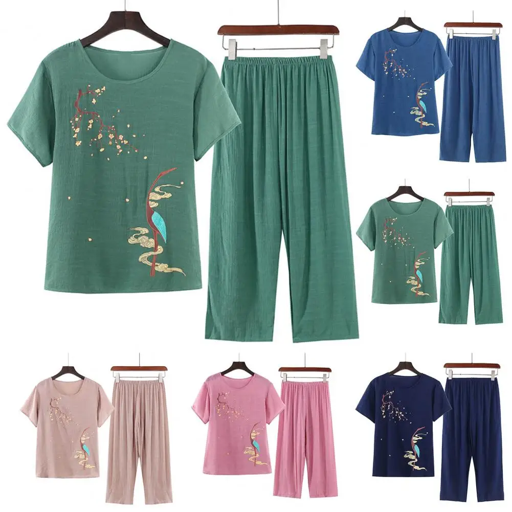 Women Two Piece Resort Suits Elegant Mid-aged Women's Pajama Set with Printed O Neck T-shirt Wide Leg Pants for Mother