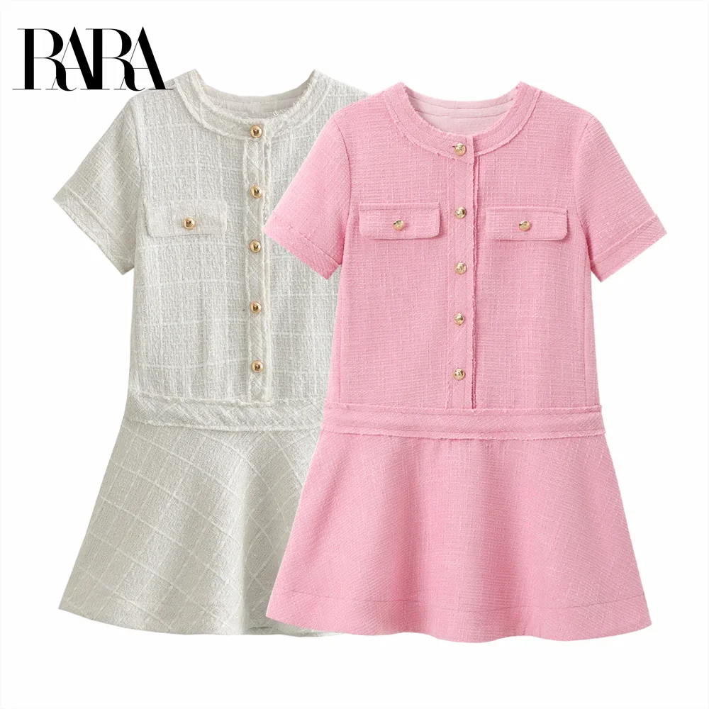 

2025 RARA Women's Tweed Dresses with Short Sleeves Button - front and Pockets in Light Grey and Pink for a Chic Look