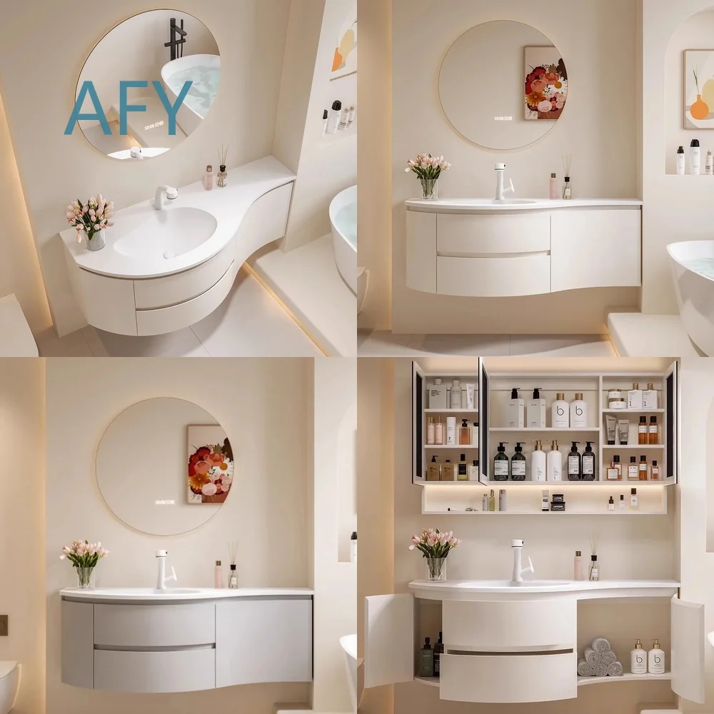Curved Bathroom Cabinet Set for Vanity Washbasin Smart Mirror Cabinet Corian Integral Sink Modern Luxury Bathroom Storage