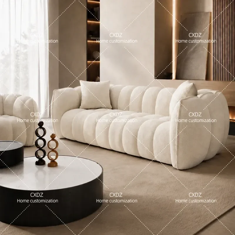 Modern simple lamb wool sofa, living room home cream wind large straight row sofa, three-person cloud sofa