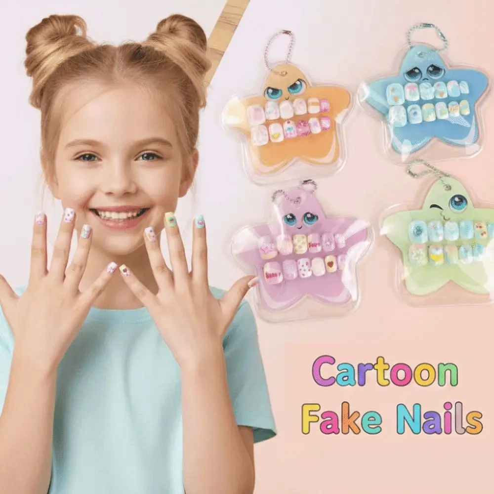 12pcs Hot Pre-glued Children Wearing Nails Cartoon Bow Cake Long Nail Sticker Detachable Sweet Press on Nail for Girls Students