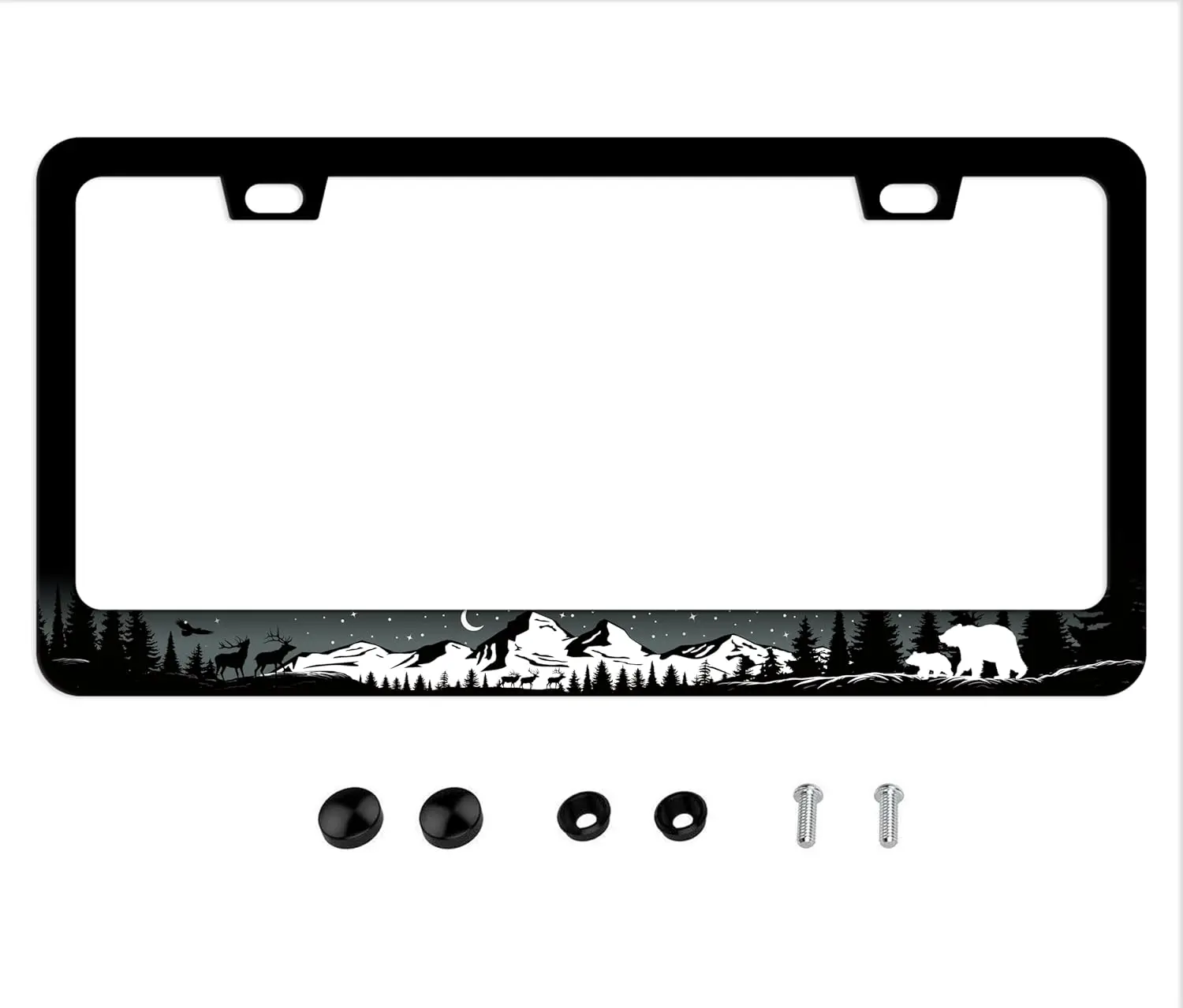 

Bear Moose License Plate Frame Forest Wildlife Car Tag Plates Mountains Night Trees Printed 2 Holes with Screws for Women Men