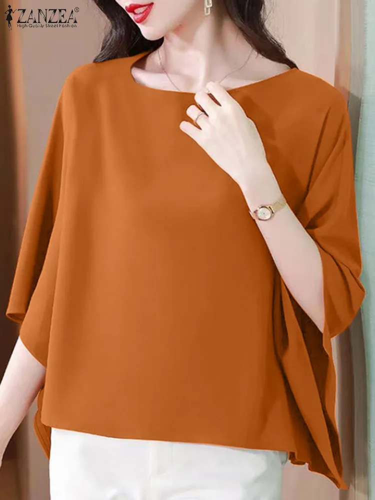 ZANZEA été femmes chemise 3/4 manches mode Blouse 2025 décontracté col rond élégant bureau Blusas tunique ample couleur unie hauts