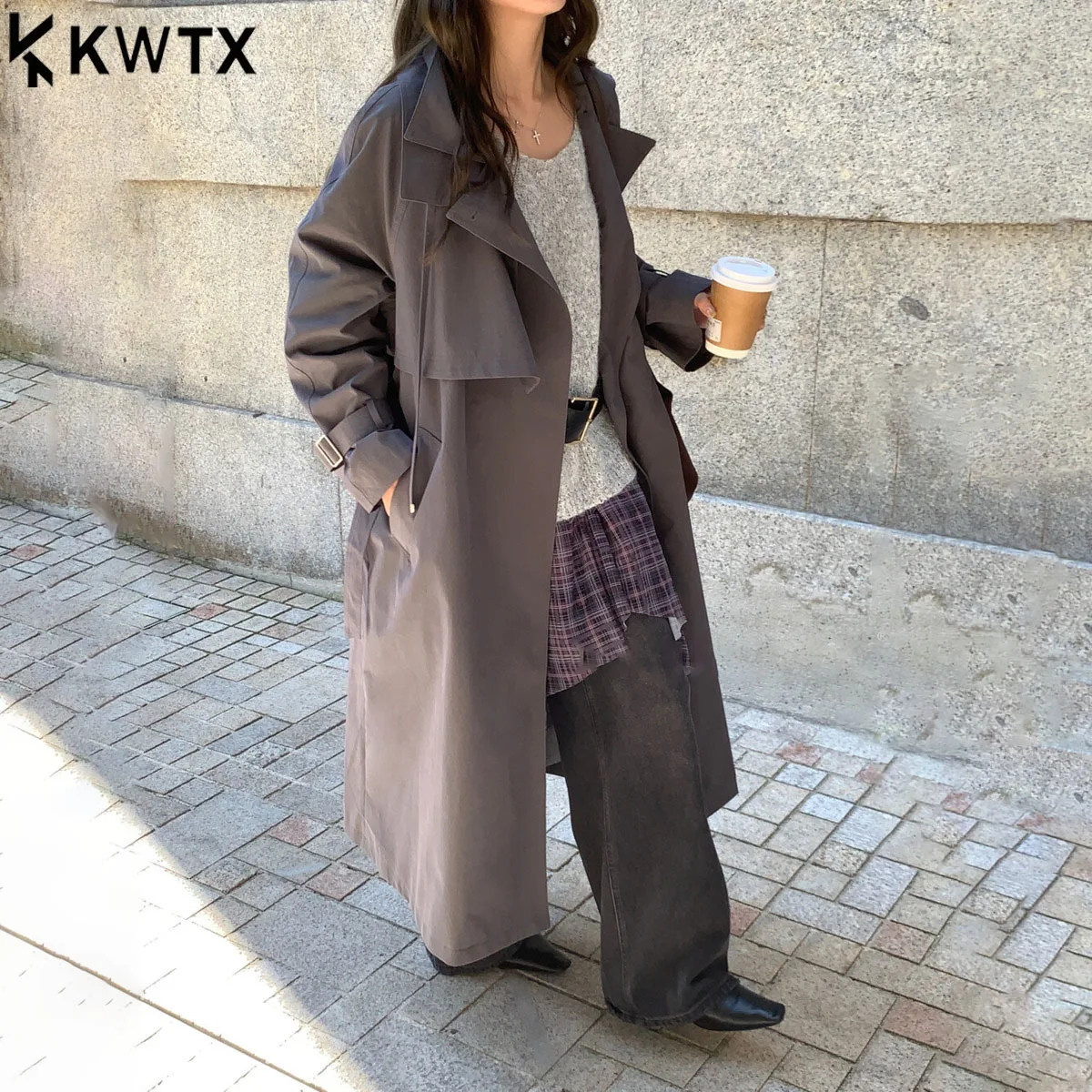 

KWTX 2025 Women’s Long Trench Coat Stand Collar Belted Pockets Vintage Elegant Designer Premium Comfortable Autumn Winter