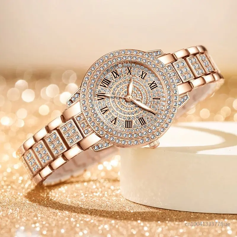 Fashion Women Luxury Diamond Steel Watches Bracelet Ladies Quartz Watch Rose Gold Womens Wristwatch Shiny Crystal Reloj Mujer