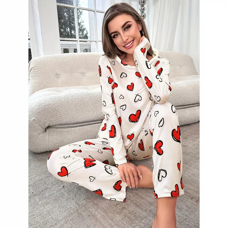 

Autumn and Winter New Casual Fashion Women's Heart Print Round Neck Long Sleeve Long Pants Pajama Set2Set