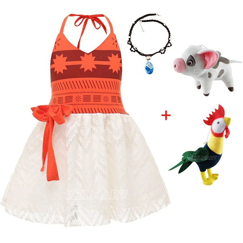 Girl Moana Dress Kids Cosplay Girls Princess Vaiana Dress Children Birthday Party Costume with Necklace Pet Pig Chick Sets