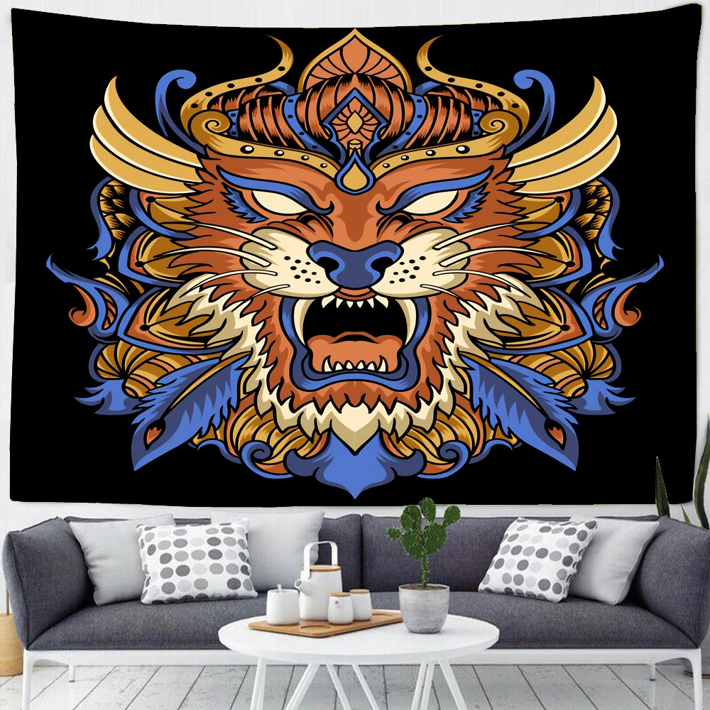 Psychedelic Anime Cartoon Ferocious Tiger Tapestry Bohemian Hippie Home Tiger Head Background Cloth Carpet Table Mat Decoration