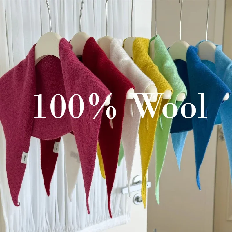 100% Australian Wool Knitted Triangle Scarf Shawl Women's Autumn  Winter Warm Neck Protection Scarf Decorative  Small Scarf