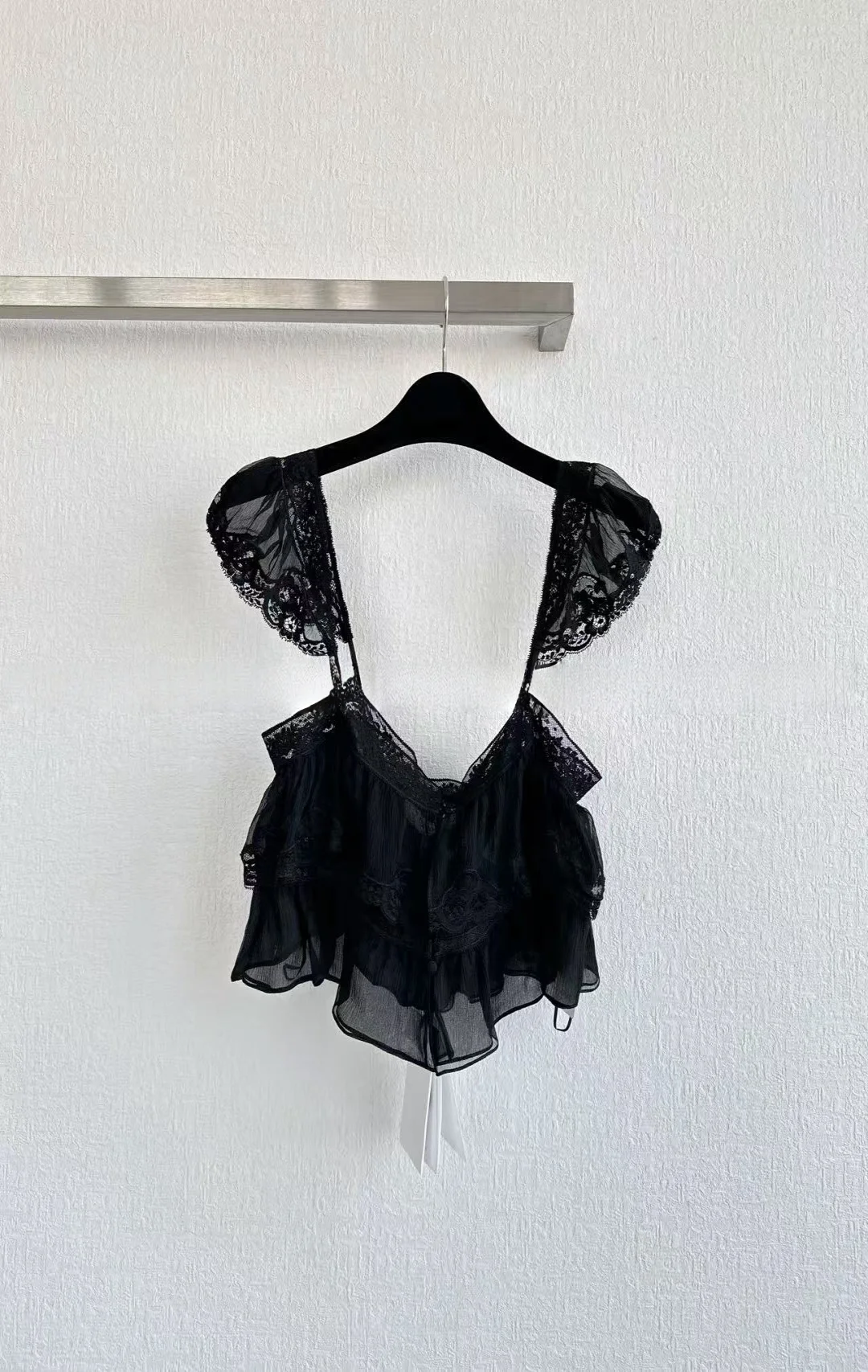 Elegant Women Blouse French Chic Lace Trim Mulberry Silk Cropped Square Neck Top Casual Feminine