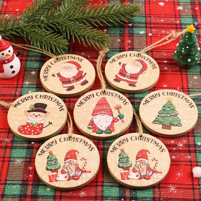 8PCS Round Wooden Christmas Ornaments, Gnome Pattern Hanging Tags, Xmas Tree Decorations for Holiday Party Home Decor