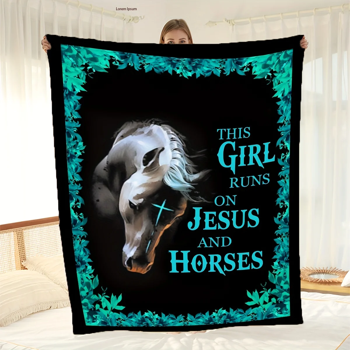 

Luxury Horse Pattern Plush Blanket - Soft polyester flannel, machine washable, cyan and black design for all seasons