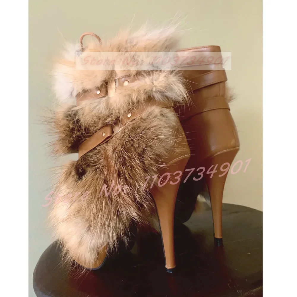 Real Fur Round Toe Belt Buckle Ankle Boots Women Sweet Fashion Platform Zipper High Heeled Shoes Lady Nifty Party Big Size Boots