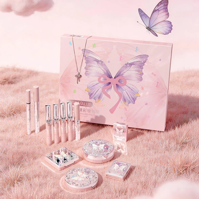 Beauty Makeup Eyeshadow Palette - 高級メイクアップセット、ピンクの蝶のモチーフのコスメティックキット、アイシャドウパレット、リップティント、チーク、マスカラ、アイライナー、ハイライター、美容メイクアップギフト