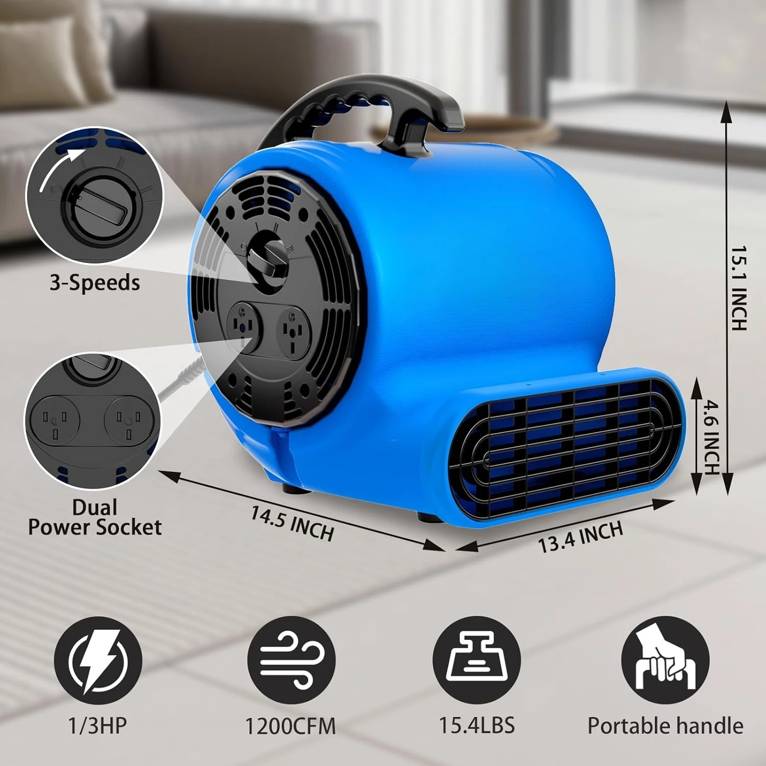 Ventilateur de déplacement d'air, sèche-tapis industriel 1/3HP 1200CFM Monster Floor, interrupteur à 3 vitesses, 4 Angles réglables, en vente