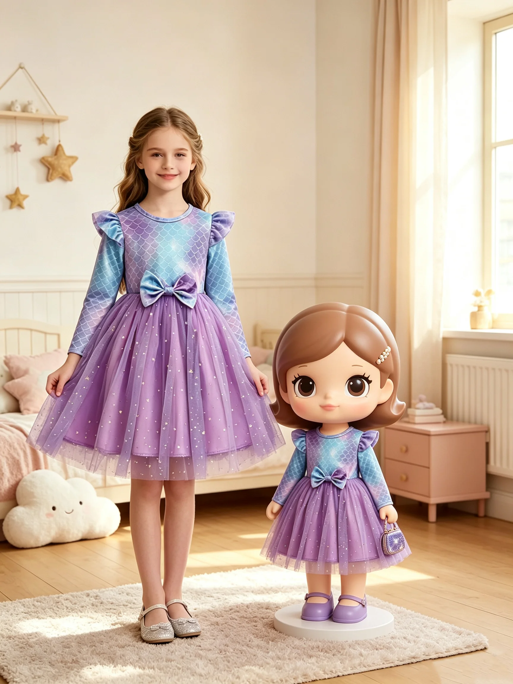 Kinderkleid mit geometrischem Muster, langen Ärmeln, lässigem Rundhalsausschnitt, tailliertem Schnitt, Schleife, knielangem Netzrock, Herbstkleidung – Detail 2