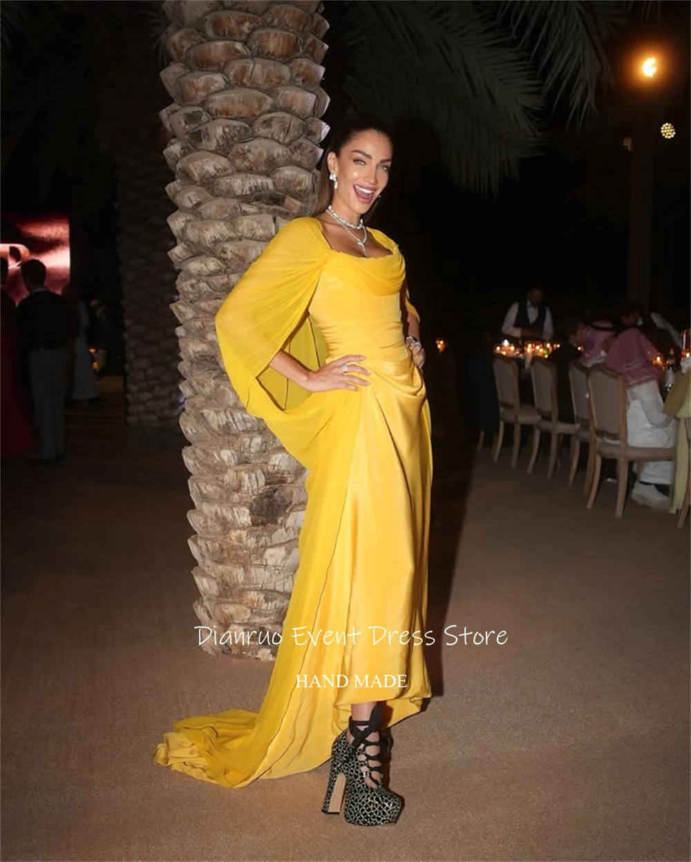 فستان سهرة لامع مصنوع يدويًا من Dianruo بطيات بطول الأرض فيستدو فورماليس أصفر عالي الجودة فيستدوس دي فيرانو مخصص #2