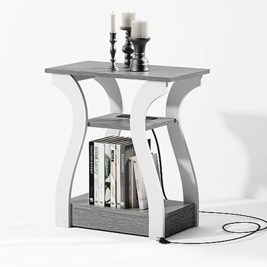 

End Tables Living Room Grey End Table with Charging Station Grey Side Table Nightstand for Bedroom 3 Tier End Table with Storag