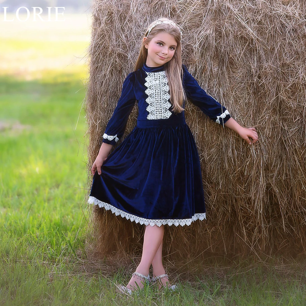 LORIE Navy Blue Velvet Flower Girl Dresses Lace Appliques O-Neck Pleated A-Line Wedding Party Dress Birthday Dress Customized