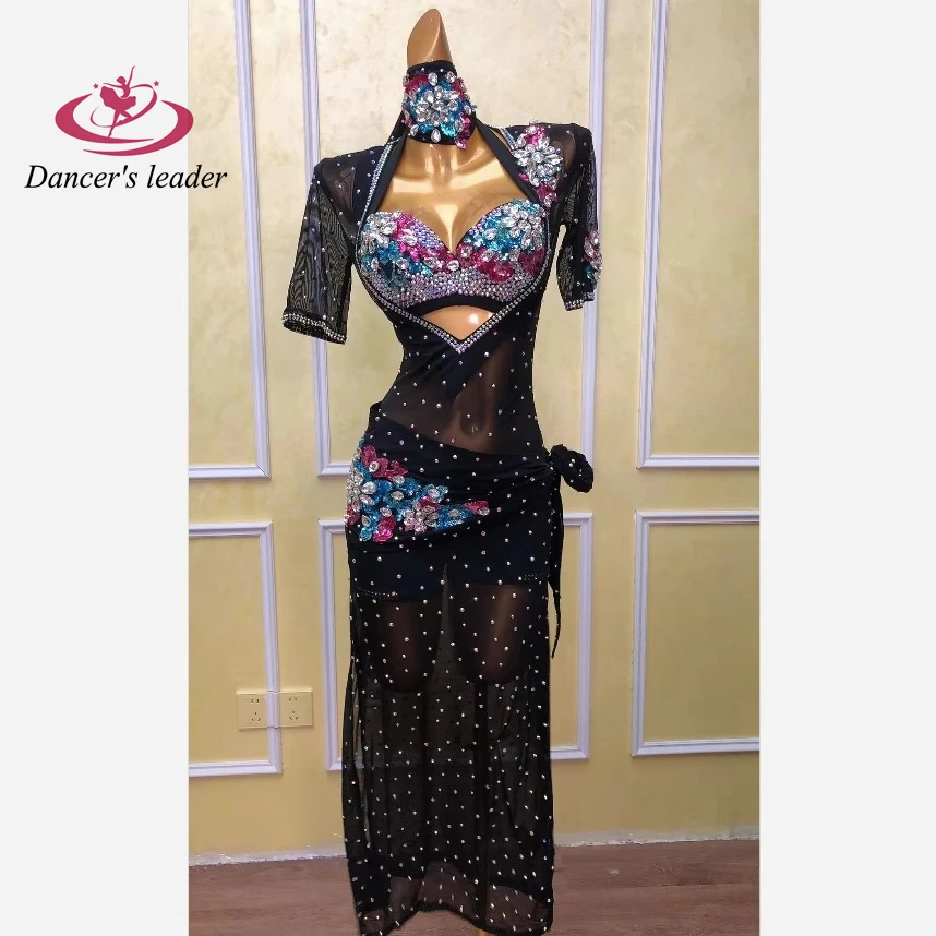 Belly Dance Competition New Performance Suit High-end Design Black Mesh Hot Drilling Performance Suit