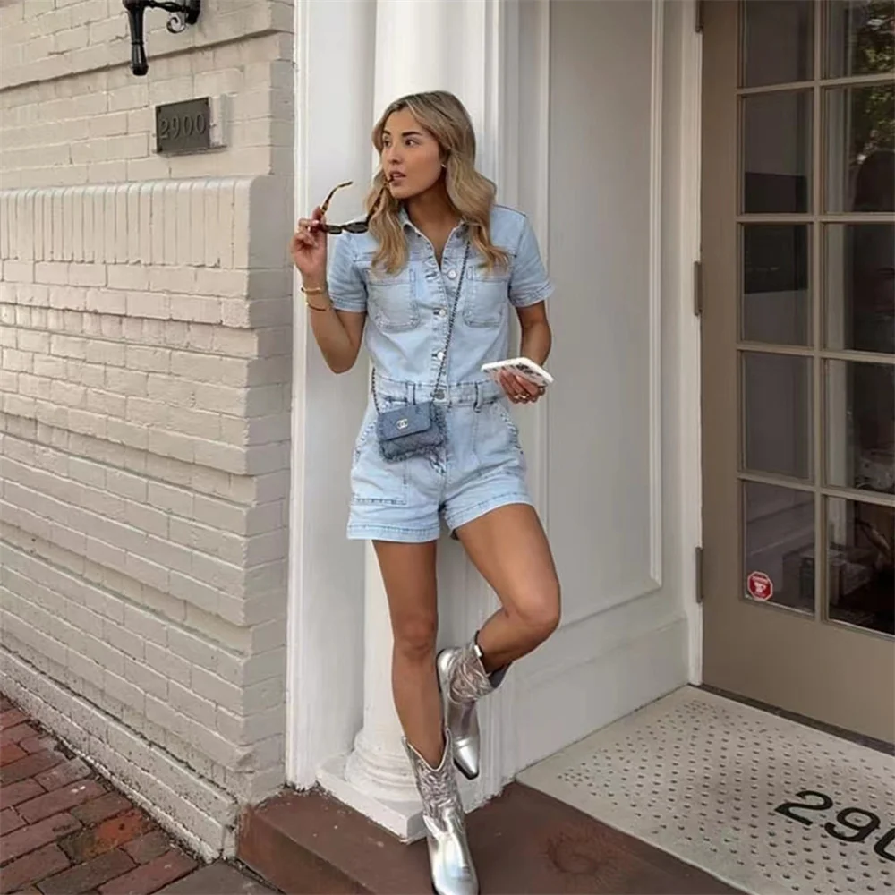 European And American Style 2024 Summer Women\'s Clothing New Fashion Casual Temperament Solid Color Denim Short Jumpsuit