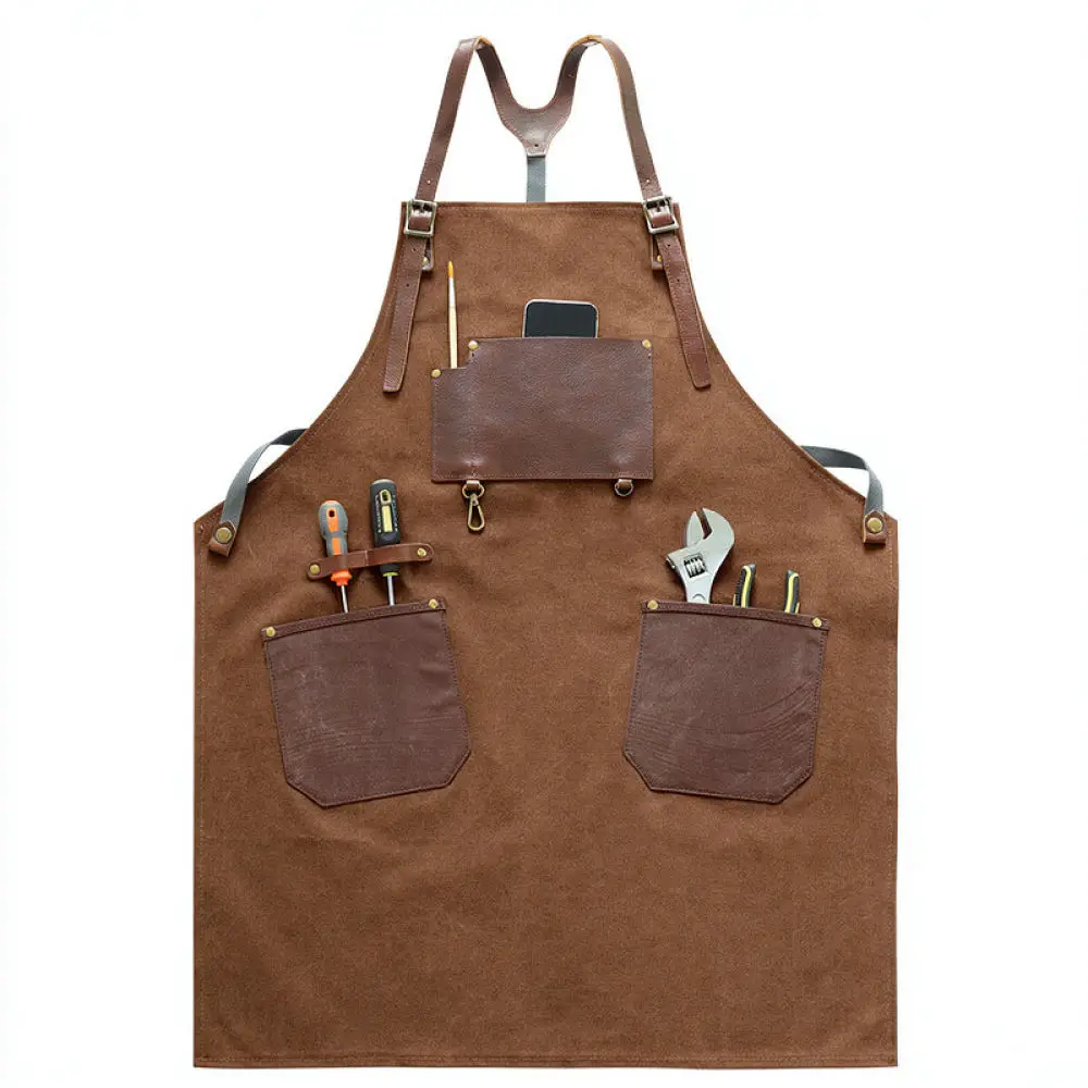 Adjustable Canvas Workwear Apron With Leather Storage Pockets Heavy Duty Bib For Carpentry Crafting Repair Cooking