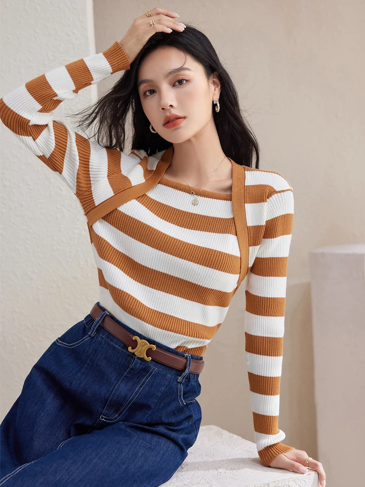 Striped Knitted Sweaters Women Clothes 2024 Autumn Winter Pullovers Slim Tops Korean Long Sleeve Square Neck Sweater