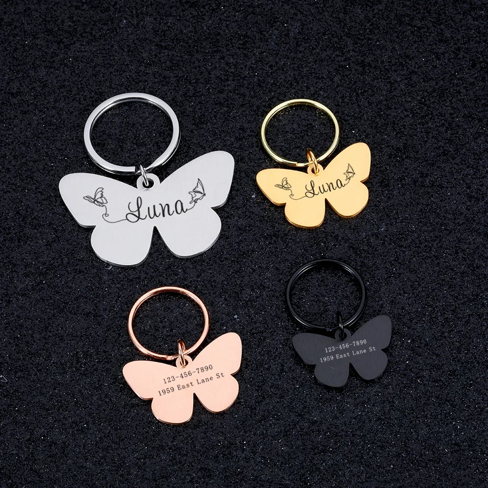 Customizable Butterfly Dog ID Tags Pet Dog Cat Name Medal Collar Engraving Name Personalized Number Kitten Puppy Tag Pendant