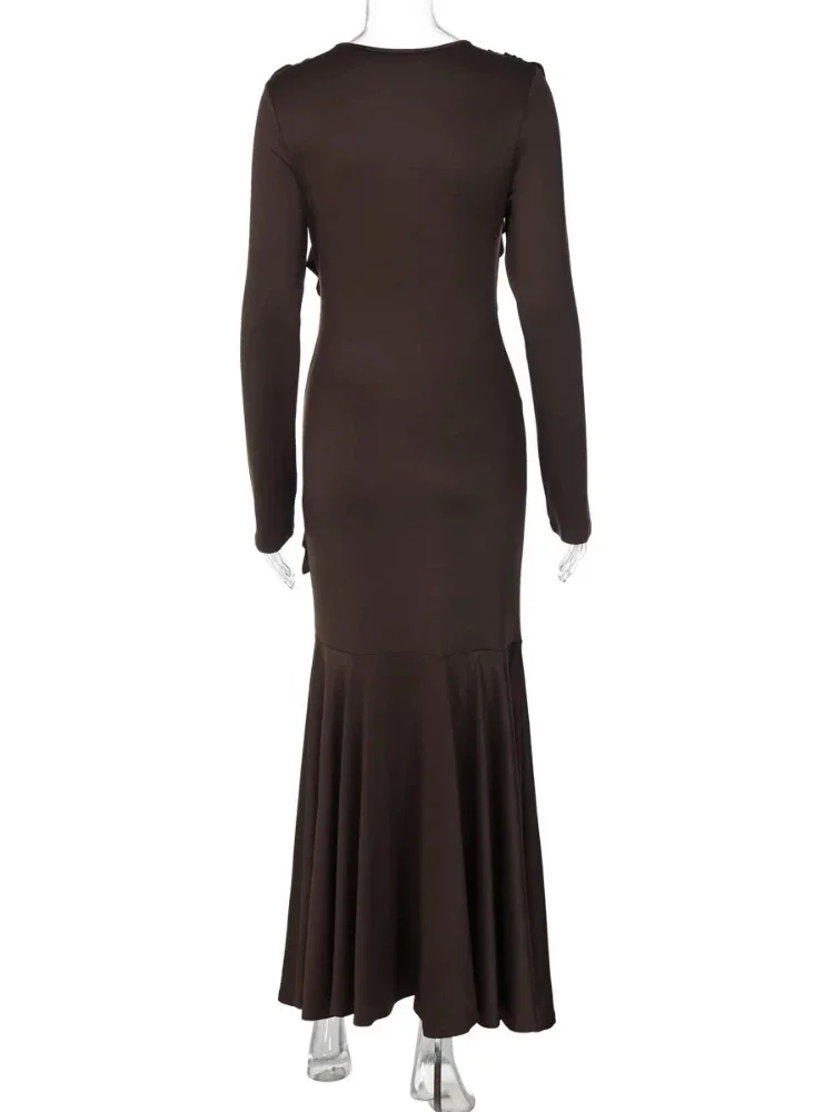 Chaxiaoa Elegant Bodycon Party Club Evening Dress Women 2025 Autumn Fashion Ruffled Lace-Up Long Sleeve Waist-Cinching Clothing