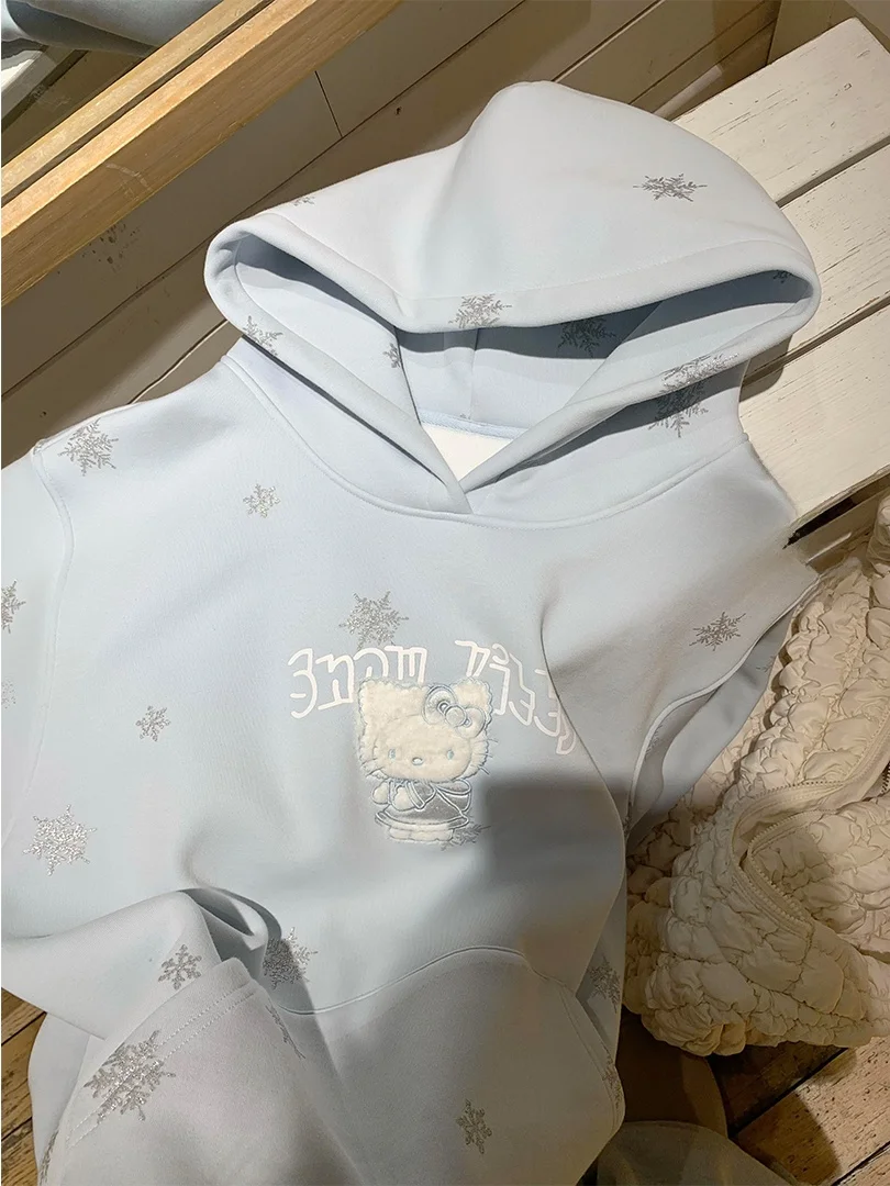 

Серебряная толстовка с вышивкой в виде котенка, женская, на флисовой подкладке, с длинными рукавами, свободного кроя, в корейском стиле, милый повседневный топ