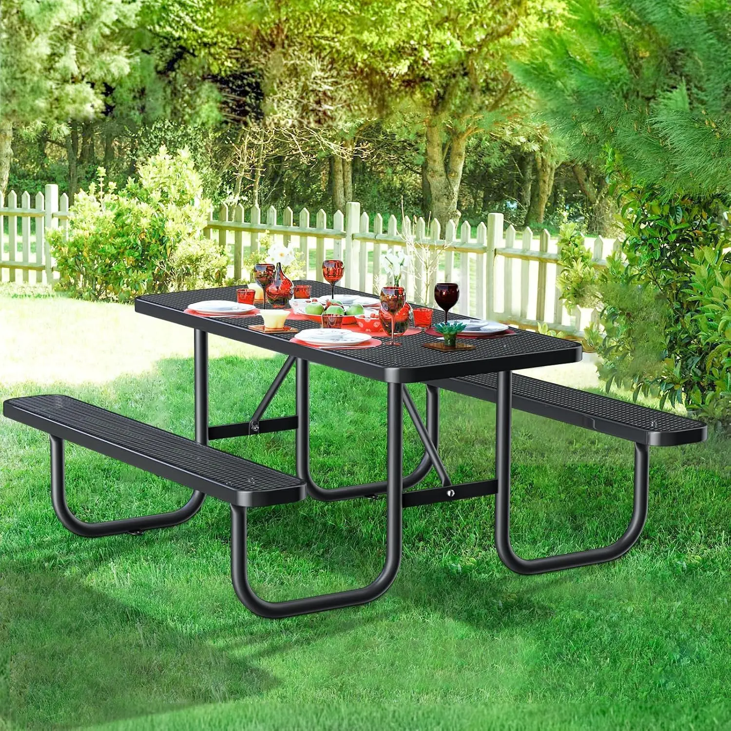6FT Rectangular Picnic Table With Attached Benches Heavy-Duty Metal Mesh Commercial Outdoor Seating , Customized