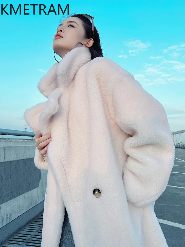 KMETRAM 100% Natural Wool Coats Woman High Quality Loose Long Coat Winter Clothes Warm Furry Jacket 2025 abrigos invierno mujer