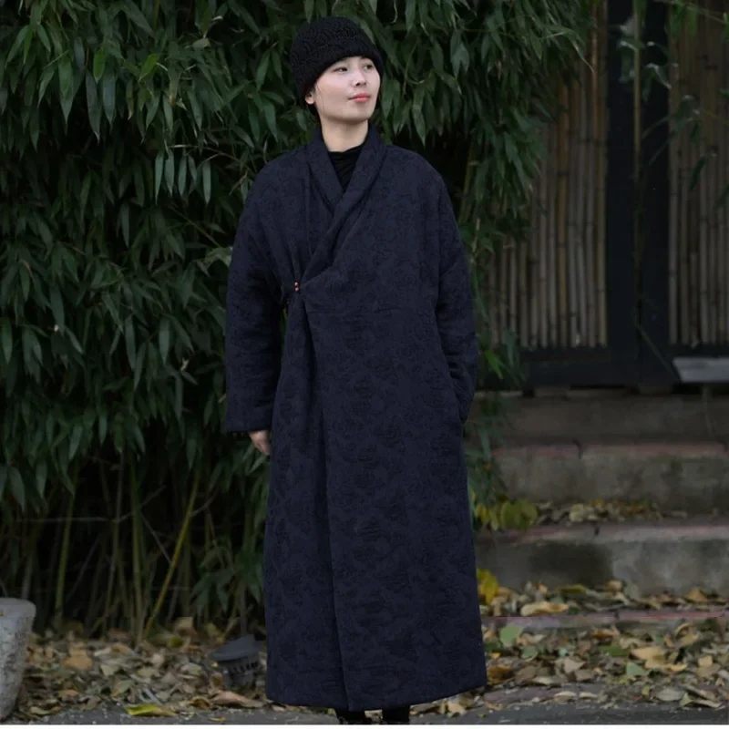 

Винтажное китайское жаккардовое хлопково-льняное длинное пальто Hanfu, женский зимний свободный кардиган на одной пуговице, повседневное кимоно, стеганое пальто, куртка