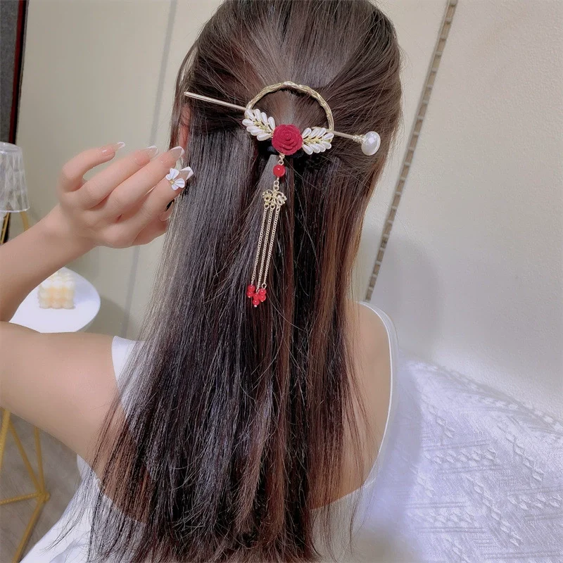 

Chinese Style Pearls Tassels Rose Flower Hairpins for Women Hair Styling Tools Accessories Female Ladies Hair Sticks Hair Clip